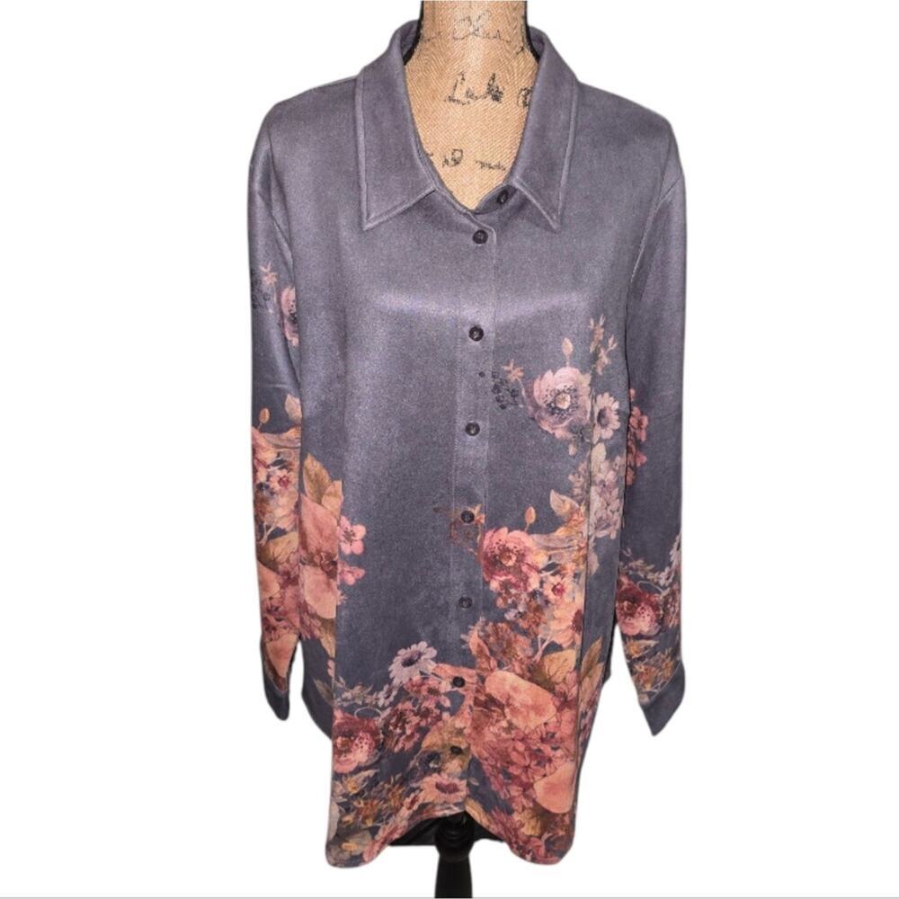 Solitaire 2X Floral Print Button Up Shirt Gray Pink Long Sleeve Top Women